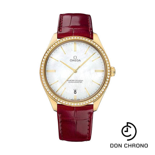 Omega De Ville Tresor Master Co-Axial Watch - 40 mm Yellow Gold Case - Diamond-Set Bezel - Domed Mother-Of-Pearl Dial - Red Leather Strap - 432.58.40.21.05.004