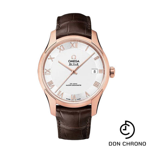 Omega De Ville Hour Vision Co-Axial Master Chronometer Watch - 41 mm Sedna Gold Case - Two-Zone -Silver Dial - Brown Leather Strap - 433.53.41.21.02.001