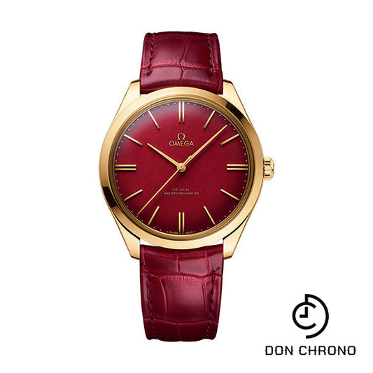 Omega De Ville Tresor Co-Axial Master Chronometer 125th Anniversary Edition Watch - 40 mm Yellow Gold Case - Rare Red Enamel Dial - Burgundy Leather Strap - 435.53.40.21.11.001