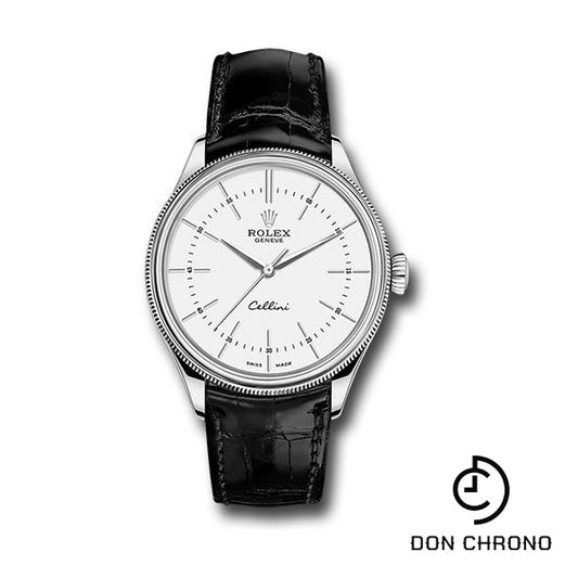 Rolex Cellini Time Watch - White Gold - White Dial - Black Leather Strap - 50509 wbk