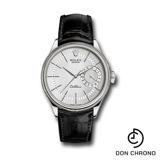 Rolex Cellini Date Watch - White Gold - Silver Dial - Black Leather Strap - 50519 sbk