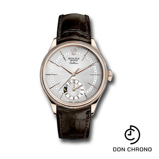 Rolex Cellini Dual Time Watch - Everose Gold - Silver Dial - Brown Leather Strap - 50525 sbr