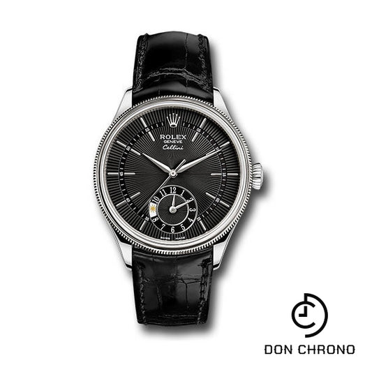 Rolex Cellini Dual Time Watch - White Gold - Black Dial - Black Leather Strap - 50529 bkbk