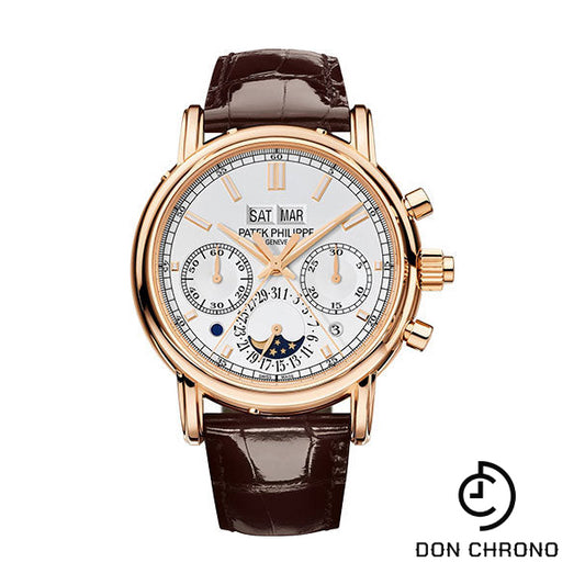 Patek Philippe Grand Complications Split Seconds Chronograph Pertetual Calendar Watch - 40.2mm Rose Gold Case - Silver Dial - Chocolate Strap - 5204R-001