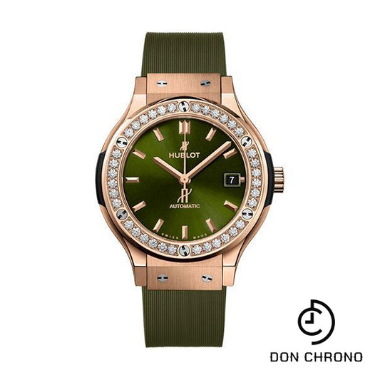 Hublot Classic Fusion King Gold Green Diamonds Watch - 38 mm - Green Dial - Green Lined Rubber Strap-565.OX.8980.RX.1204