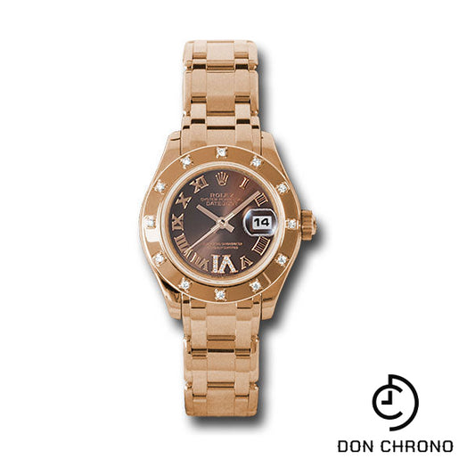 Rolex Pink Gold Lady-Datejust Pearlmaster 29 Watch - 12 Diamond Bezel - Chocolate Brown Diamond Roman Vi Roman Dial - 80315 brrd