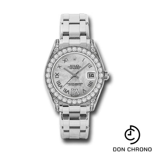 Rolex White Gold Datejust Pearlmaster 34 Watch - 34 Diamond Bezel - White Mother-Of-Pearl Roman Dial - 81159 mdr