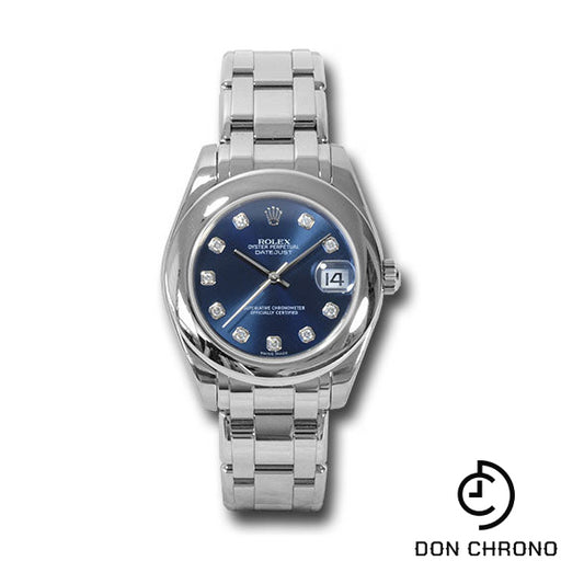 Rolex White Gold Datejust Pearlmaster 34 Watch - Domed Bezel - Blue Diamond Dial - 81209 bd