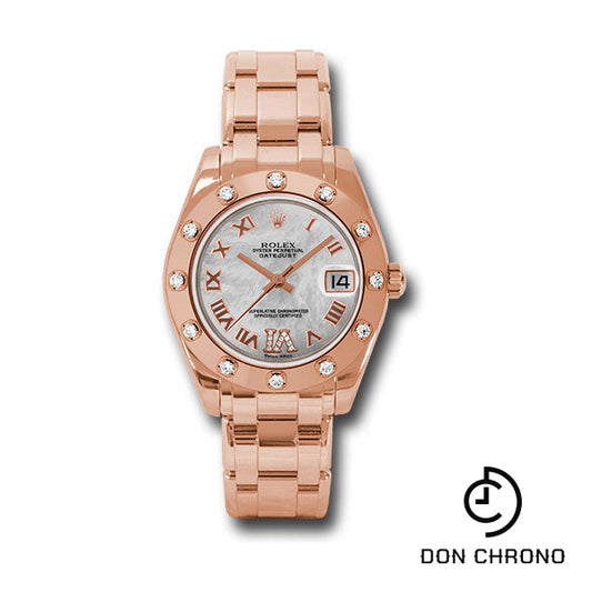 Rolex Everose Gold Datejust Pearlmaster 34 Watch - 12 Diamond Bezel - White Mother-Of-Pearl Roman Dial - 81315 mdr