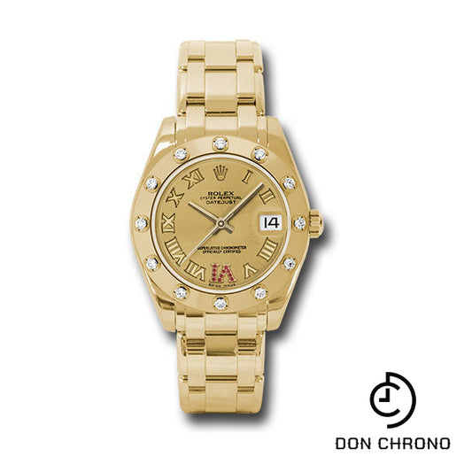 Rolex Yellow Gold Datejust Pearlmaster 34 Watch - 12 Diamond Bezel - Champagne Ruby Roman Vi Roman Dial - 81318 chrr