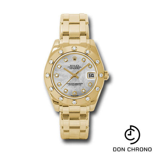 Rolex Yellow Gold Datejust Pearlmaster 34 Watch - 12 Diamond Bezel - White Mother-Of-Pearl Diamond Dial - 81318 md
