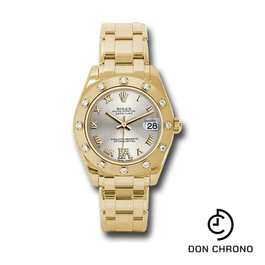 Rolex Yellow Gold Datejust Pearlmaster 34 Watch - 12 Diamond Bezel - Silver Diamond Roman VI Dial - 81318 sdr6