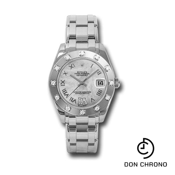 Rolex White Gold Datejust Pearlmaster 34 Watch - 12 Diamond Bezel - White Mother-Of-Pearl Roman Dial - 81319 mdr
