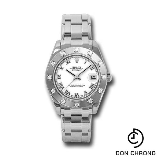 Rolex White Gold Datejust Pearlmaster 34 Watch - 12 Diamond Bezel - White Roman Dial - 81319 wr