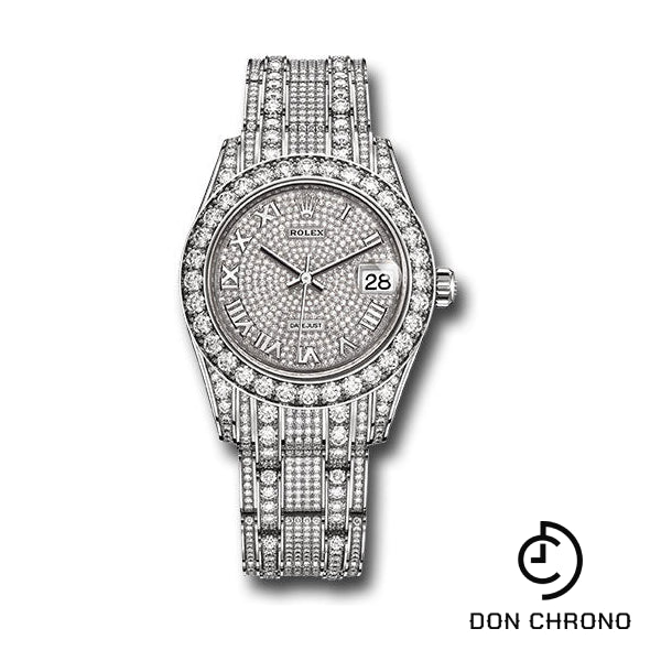 Rolex White Gold Pearlmaster 34 Watch - Diamond Lugs - Diamond Bezel - Diamond-Paved Roman Dial - Diamond Pearlmaster Bracelet - 81409rbr dprdp