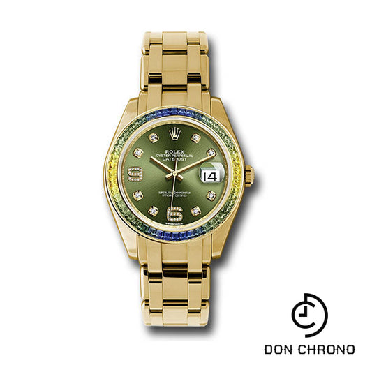 Rolex Yellow Gold Datejust Pearlmaster 39 Watch - 48 Blue To Green Gradient Baguette-Cut Sapphires Bezel - Olive Green Diamond Dial - 86348SABLV