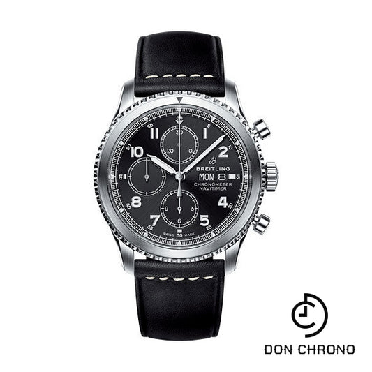 Breitling Aviator 8 Chronograph 43 Watch - Steel Case - Black Dial - Black Leather Strap - A13314101B1X1