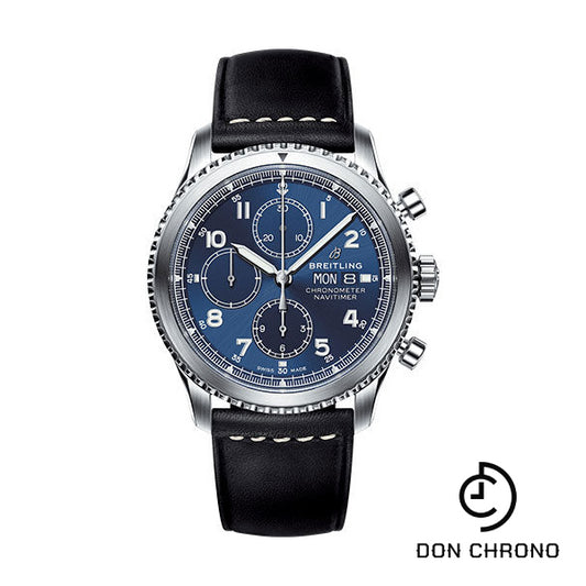 Breitling Aviator 8 Chronograph 43 Watch - Steel Case - Blue Dial - Black Leather Strap - A13314101C1X1