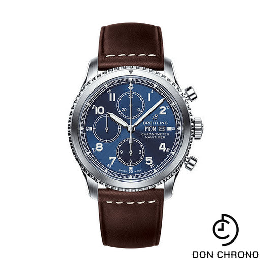 Breitling Aviator 8 Chronograph 43 Watch - Steel Case - Blue Dial - Brown Leather Strap - A13314101C1X2