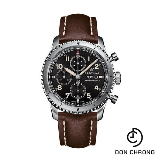 Breitling Aviator 8 Chronograph 43 Watch - Stainless Steel - Black Dial - Brown Calfskin Leather Strap - Folding Buckle - A13316101B1X4