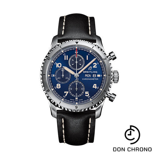 Breitling Aviator 8 Chronograph 43 Watch - Stainless Steel - Blue Dial - Black Calfskin Leather Strap - Tang Buckle - A13316101C1X1