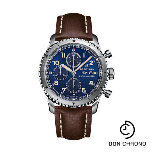 Breitling Aviator 8 Chronograph 43 Watch - Stainless Steel - Blue Dial - Brown Calfskin Leather Strap - Folding Buckle - A13316101C1X4