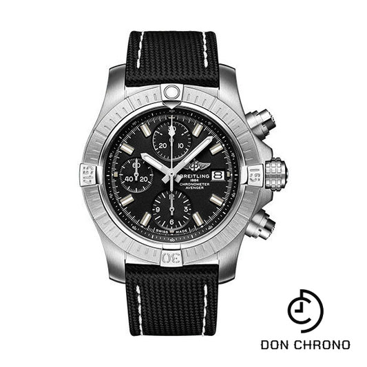 Breitling Avenger Chronograph 43 Watch - Stainless Steel - Black Dial - Anthracite Calfskin Leather Strap - Tang Buckle - A13385101B1X1