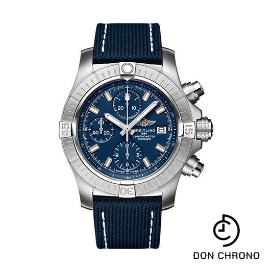 Breitling Avenger Chronograph 43 Watch - Stainless Steel - Blue Dial - Blue Calfskin Leather Strap - Folding Buckle - A13385101C1X2