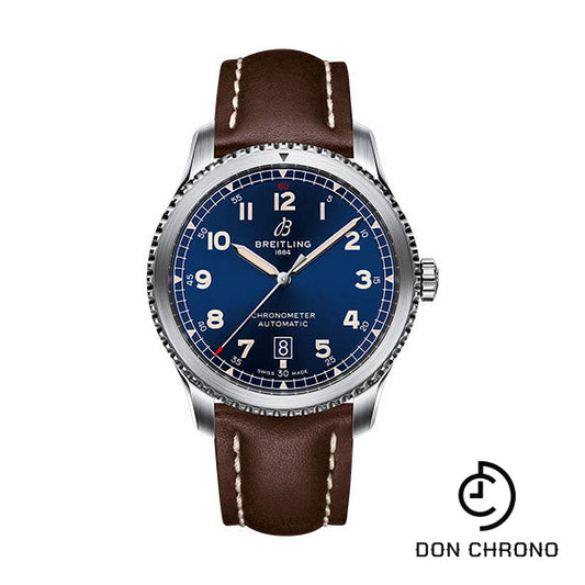 Breitling Aviator 8 Automatic 41 Watch - Stainless Steel - Blue Dial - Brown Calfskin Leather Strap - Tang Buckle - A17315101C1X1