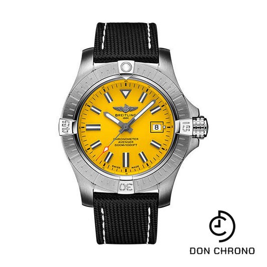 Breitling Avenger Automatic 45 Seawolf Watch - Stainless Steel - Yellow Dial - Anthracite Calfskin Leather Strap - Tang Buckle - A17319101I1X1