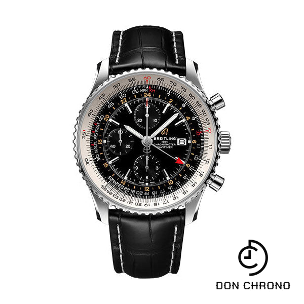 Breitling Navitimer Chronograph GMT 46 Watch - Steel - Black Dial - Black Croco Strap - Tang Buckle - A24322121B2P1