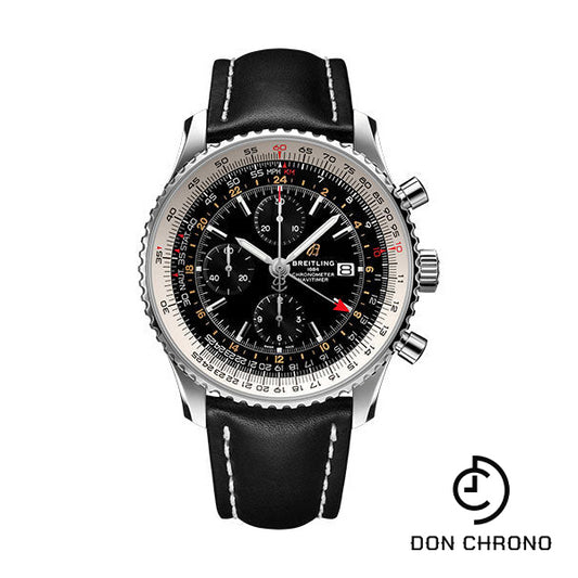 Breitling Navitimer Chronograph GMT 46 Watch - Steel - Black Dial - Black Leather Strap - Tang Buckle - A24322121B2X1