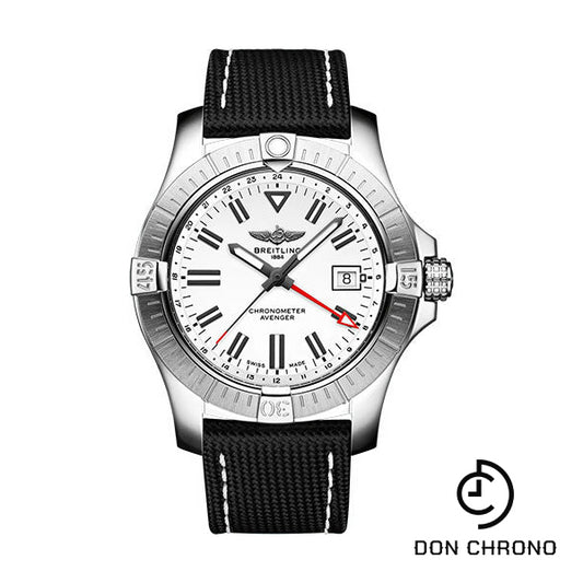 Breitling Avenger Automatic GMT 43 Watch - Stainless Steel - White Dial - Anthracite Calfskin Leather Strap - Tang Buckle - A32397101A1X1