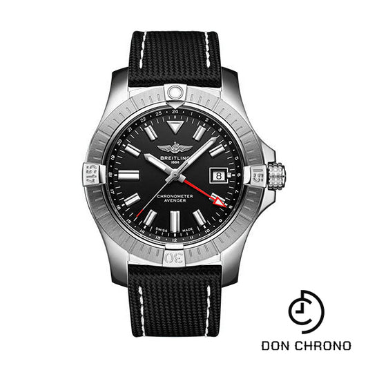 Breitling Avenger Automatic GMT 43 Watch - Stainless Steel - Black Dial - Anthracite Calfskin Leather Strap - Tang Buckle - A32397101B1X1