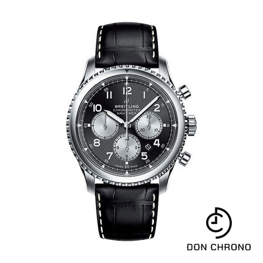 Breitling Aviator 8 B01 Chronograph 43 Watch - Steel Case - Black Dial - Black Croco Strap - AB0117131B1P1