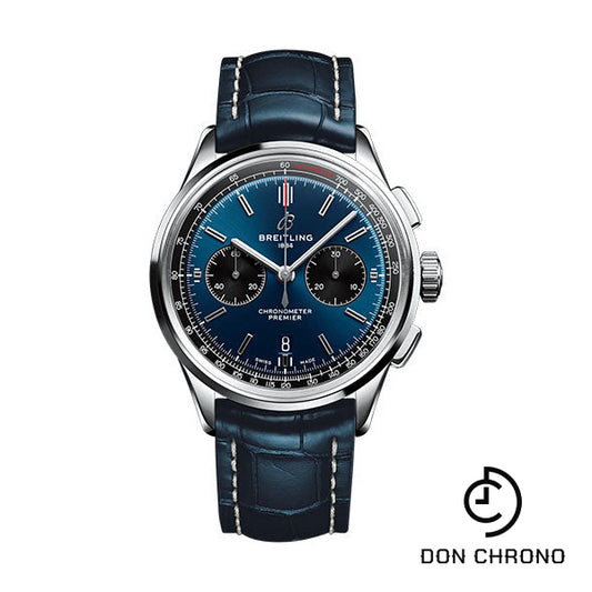 Breitling Premier B01 Chronograph 42 Watch - Stainless Steel - Blue Dial - Blue Alligator Leather Strap - Folding Buckle - AB0118221C1P1