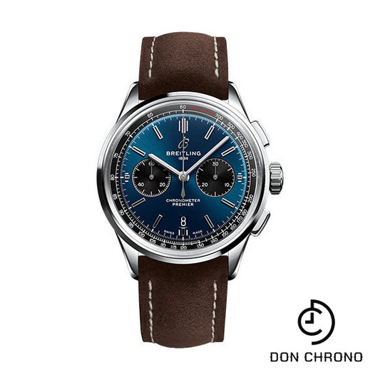 Breitling Premier B01 Chronograph 42 Watch - Stainless Steel - Blue Dial - Brown Calfskin Leather Strap - Folding Buckle - AB0118221C1X1