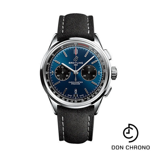 Breitling Premier B01 Chronograph 42 Watch - Stainless Steel - Blue Dial - Anthracite Calfskin Leather Strap - Folding Buckle - AB0118221C1X3