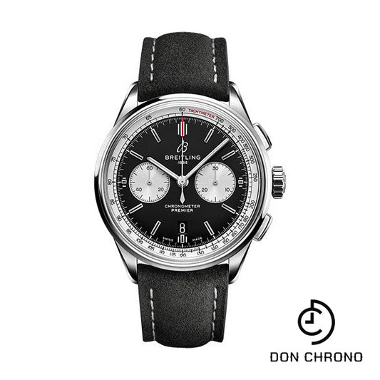 Breitling Premier B01 Chronograph 42 Watch - Stainless Steel - Black Dial - Anthracite Calfskin Leather Strap - Folding Buckle - AB0118371B1X1