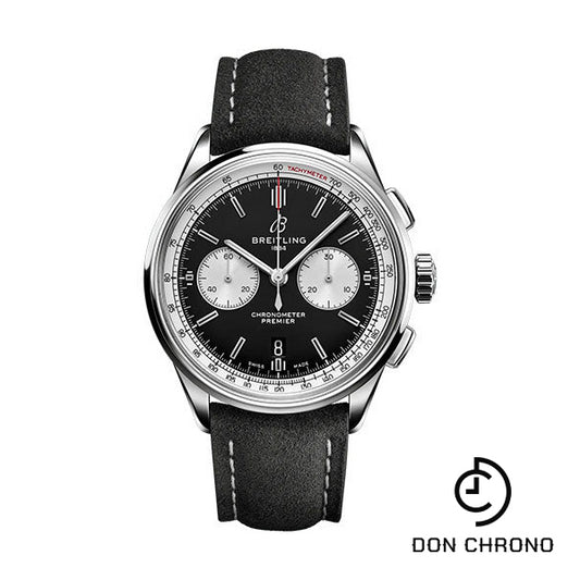 Breitling Premier B01 Chronograph 42 Watch - Stainless Steel - Black Dial - Anthracite Calfskin Leather Strap - Tang Buckle - AB0118371B1X2