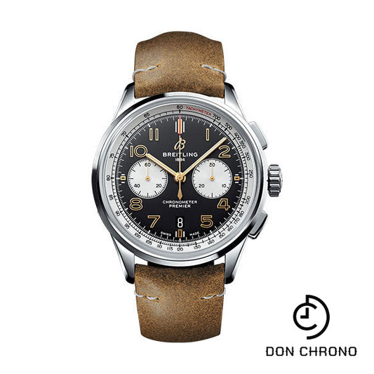 Breitling Premier B01 Chronograph 42 Norton Watch - Steel - Black Dial - Brown Leather Strap - Tang Buckle - AB0118A21B1X2