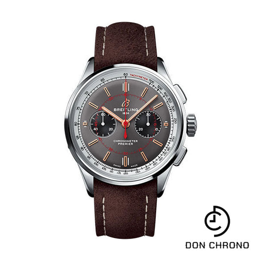 Breitling Premier B01 Chronograph 42 Wheels and Waves Limited Edition Watch - Stainless Steel - Anthracite Dial - Brown Calfskin Leather Strap - Tang Buckle Limited Edition - AB0118A31B1X1