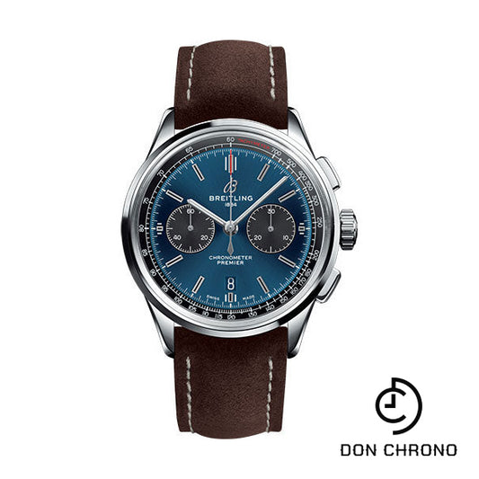 Breitling Premier B01 Chronograph Watch - 42mm Steel Case - Blue Dial - Brown Nubuck Strap - AB0118A61C1X1