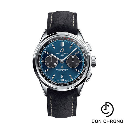 Breitling Premier B01 Chronograph Watch - 42mm Steel Case - Blue Dial - Anthracite Nubuck Strap - AB0118A61C1X2