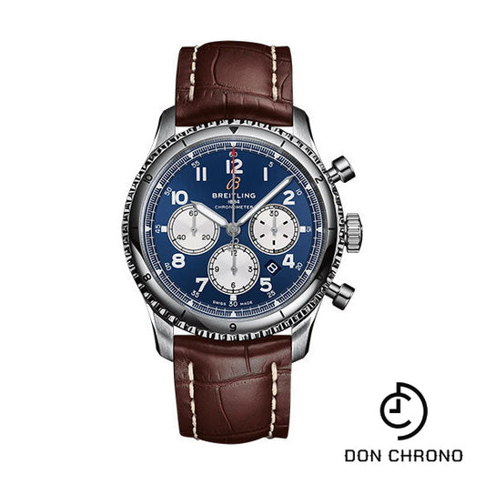 Breitling Aviator 8 B01 Chronograph 43 Watch - Stainless Steel - Blue Dial - Brown Alligator Leather Strap - Folding Buckle - AB0119131C1P4