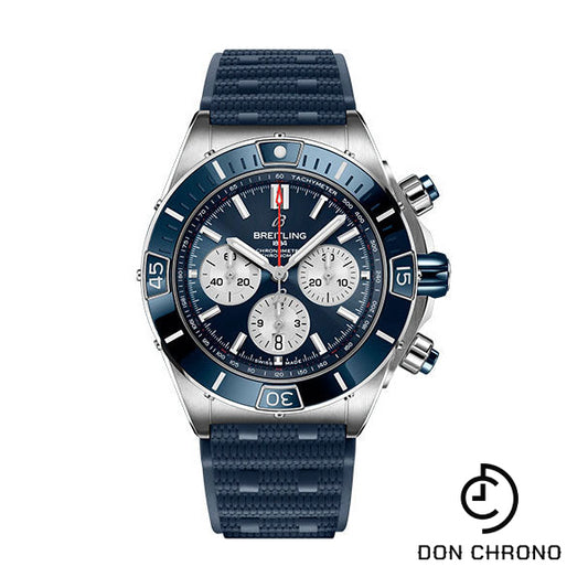 Breitling Super Chronomat B01 44 Watch - Stainless Steel - Blue Dial - Blue Rubber Strap - Folding Buckle - AB0136161C1S1