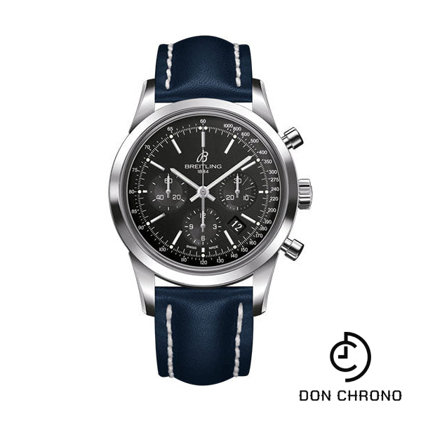 Breitling Transocean Chronograph Watch - Steel - Black Dial - Blue Leather Strap - Tang Buckle - AB015212/BA99/105X/A20BA.1