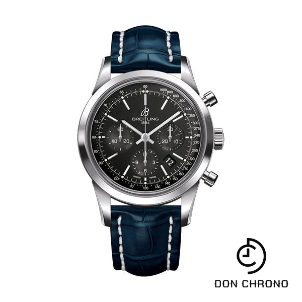 Breitling Transocean Chronograph Watch - Steel - Black Dial - Blue Croco Strap - Tang Buckle - AB015212/BA99/731P/A20BA.1