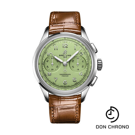Breitling Premier B09 Chronograph 40 Watch - Stainless Steel - Pistachio Green Dial - Gold Brown Alligator Leather Strap - Folding Buckle - AB0930D31L1P1