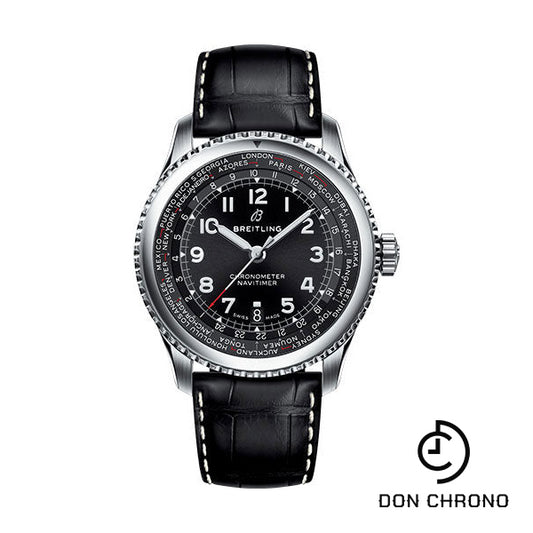 Breitling Aviator 8 B35 Automatic Unitime 43 Watch - Steel Case - Black Dial - Black Croco Strap - AB3521U41B1P1